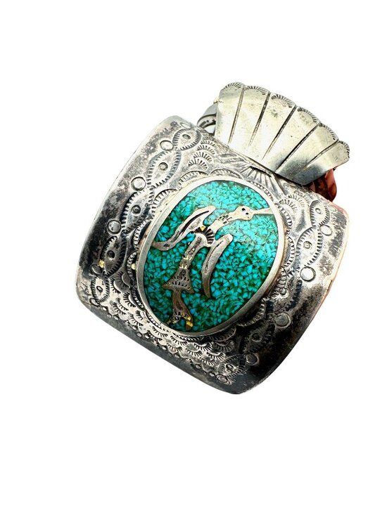 Native American Jewelry - Native American Watch Cuff Bracelet Peyote Bird Inlay Turquoise Sterling Silver